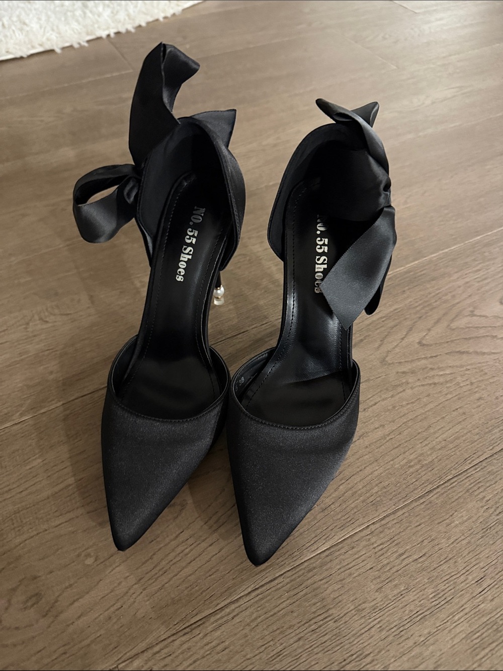 Black Satin Pointed Toe Bow Ankle Tie Heels